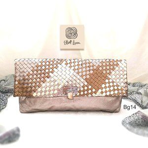 ELLIOTT LUCCA 3in1 Bag Metallic Gold Weaved Leather Clutch Shoulder Bag …